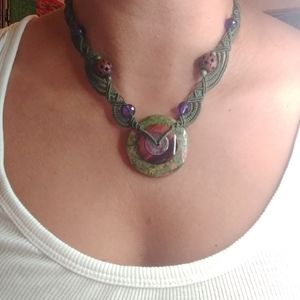 Macrame Jade, Amethyst & Tigers Eye Necklace